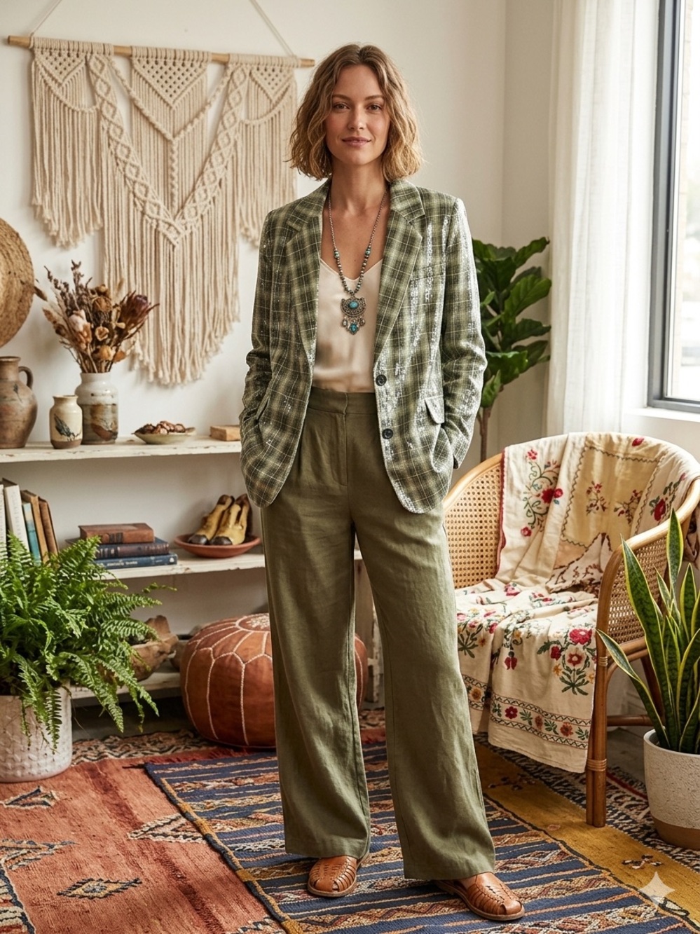 Sans Souci Green Plaid Blazer w/Sequins - Picture 2 of 7